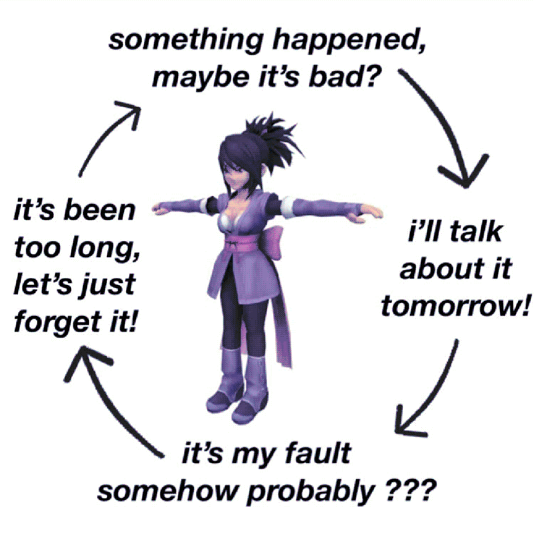 something happened, maybe it’s bad? / i’ll talk about it tomorrow! / it’s my fault somehow probably ??? / it’s been too long, let’s just forget it!
