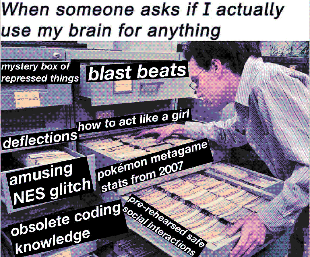 when someone asks if i actually use my brain for anything / mystery box of repressed things / blast beats / how to act like a girl / deflections / amusing nes glitch / pokémon metagame stats from 2007 / pre-rehearsed safe social interactions / obsolete coding knowledge